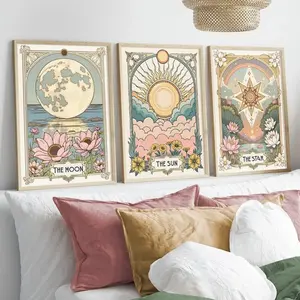 Vintage Sun Star Moon Tarot Art Prints, Bohemian Flower Canvas Poster, Wall Decor for Living Room Bedroom Office Cafe Bar Home, Wall Art Decoration, Decorative Artwork