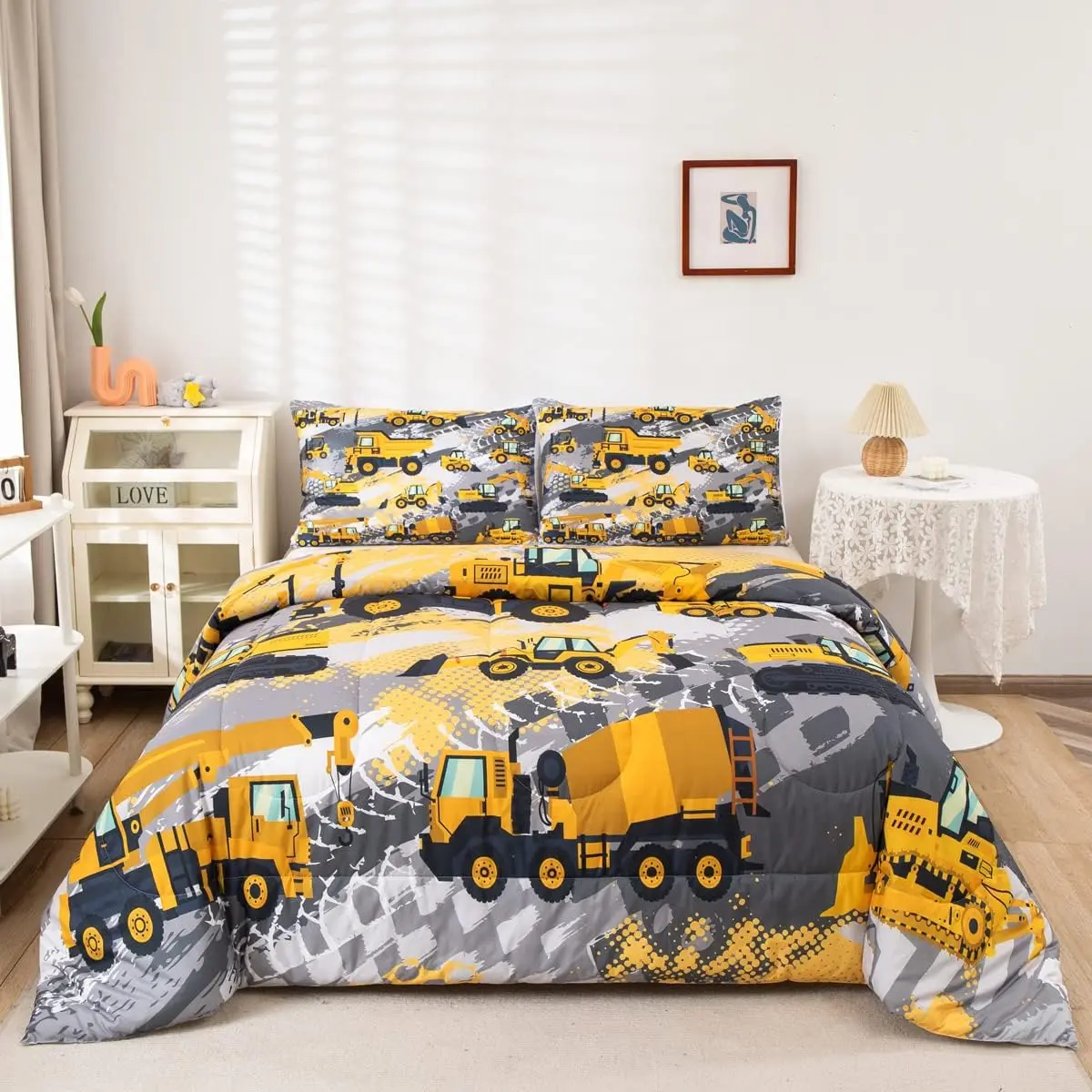 Feelyou Microfiber Decorative Cool Bedding Set - Breathable Durable Sheets, Soft All-Season 3D Emboss Artistic Bed Cover Duvet Set with Pillowcases, Yellow Gray Cartoon Cars Excavator Tractor Construction Theme, Decorative Bedding Set
