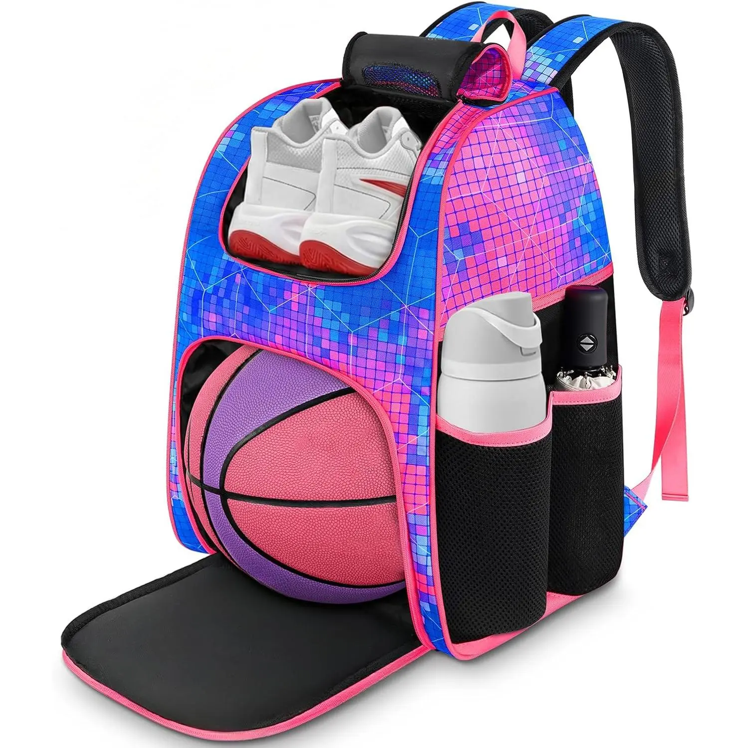 Basketball Bag, Sturdy Soccer Bag with Ball Holder & Shoe Compartment, Large Basketball Backpack for Training Equipment, Water Resistant Sports Ball Backpack Fits Volleyball Football, Colorful