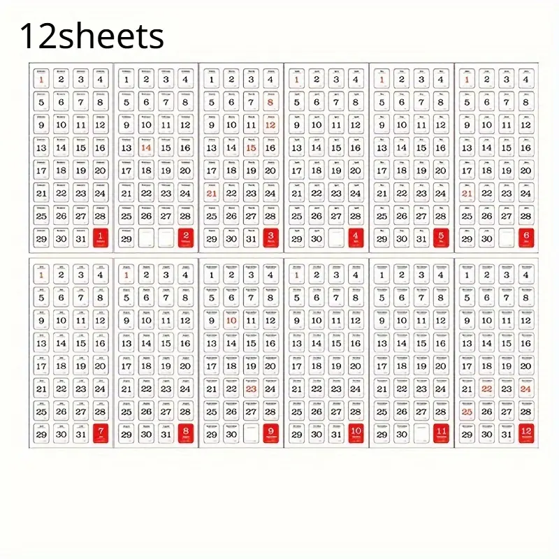 12sheets/set 365 Days Calendar Diy Labels, Diary Stationery Album Journal Planner Month Number Stickers