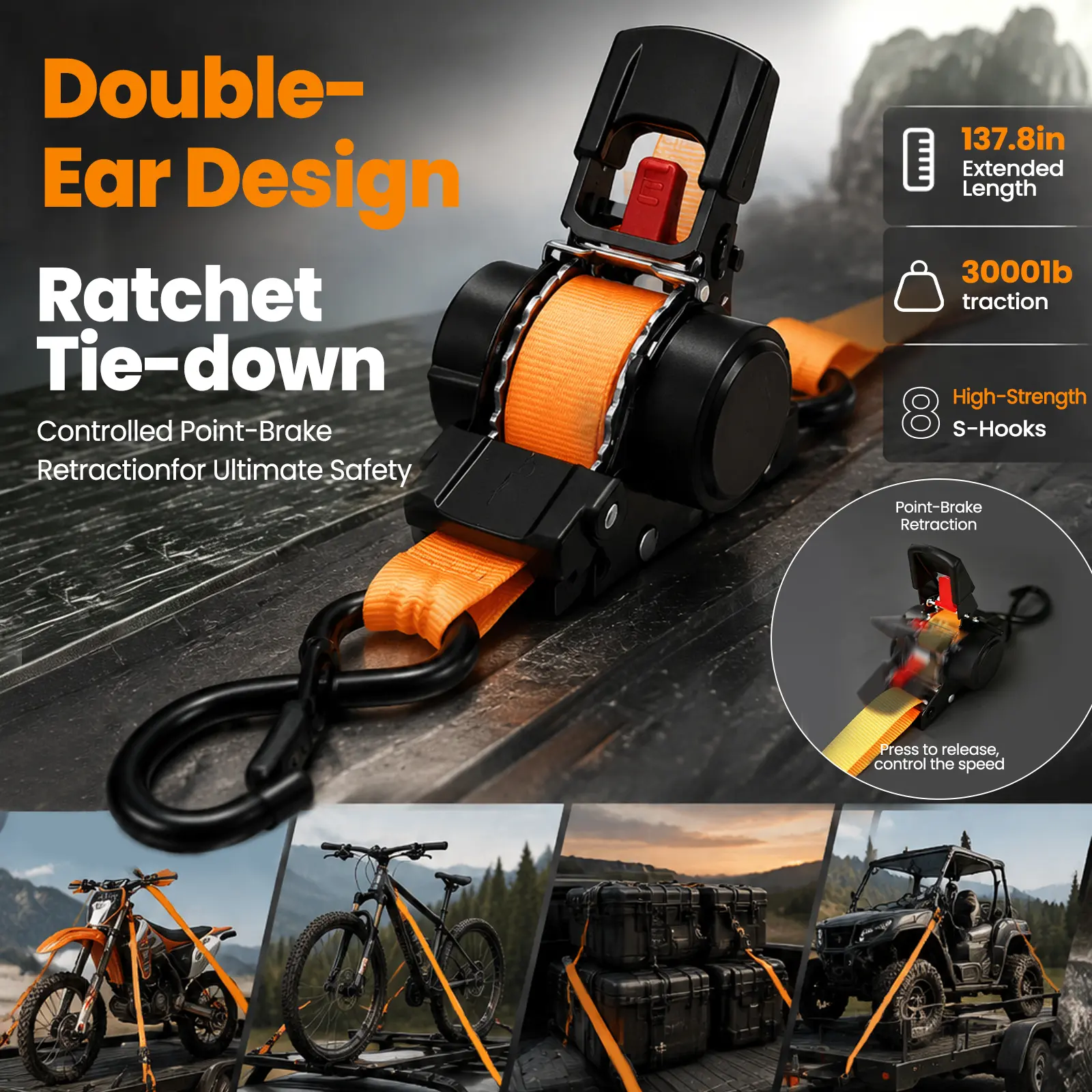 [1-Pack & 4-Pack] Heavy-Duty Retractable Motorcycle Tie Down Straps, Auto-Retracting Ratchet Straps with Scratch-Free Coated S-Hooks & Safety Clips for ATV, UTV, Dirt Bike Transport, Anti-Wind Flap Secure Tensioning, Anti-Drop & High Strength, Paint Safe