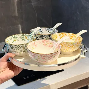 Floral Pattern Ceramic Bowl Set, 4 Counts/set Dinner Bowl with Spoon, Salad Bowl, Kitchen Tableware Set, Dishwasher, Oven & Microwave Safe