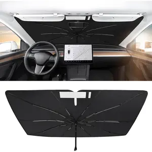BASENOR 2017-2026 Tesla Model Y Model 3 Windshield Sunshade Umbrell [Nano Ice Crystal Particle] Front Window Shade, Coating 100% Heat Protection Retractable Sunshades (Standard/Premium/Performance)