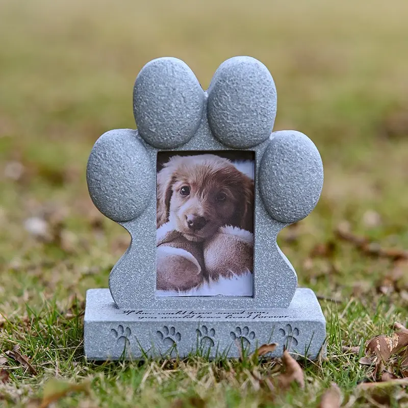 Paw Print Pet Memorial Stone with Photo Frame - Resin Dog Cat Grave Marker Figurine - Loss Gift & Garden Yard Decoration