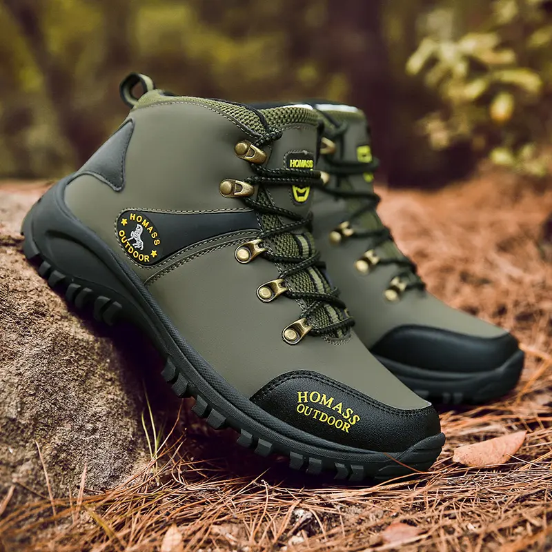 Men’s waterproof work boots/mountaineering boots, warm leather ankle snow boots suitable for outdoor climbing, hiking, backpacking, and walking.