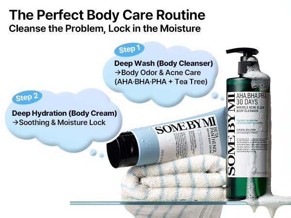 Korean Body Care Set - Gentle Exfoliating Body Wash for Acne-Prone Skin & Hydrating Daily Body Cream - Korean Skincare