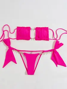 Women's Two Piece Bikini Swimsuit, Rhinestone Tassel Solid Color Top with Tie Side Bikini Panty, Beach Swimsuit for Women