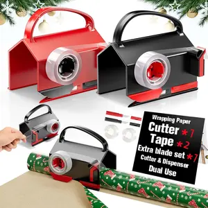 1 Pack Wrapping Paper Cutter & Tape Dispenser Dual Use, Gift Wrap Cutter Tool for Rolls Paper with 2 Tapes & 1 Replace Blades Kit for Christmas Birthday, Easy Cut for Present Wrapping