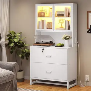 Sikaic 2 Drawers File Cabinet with Lock&Charging Station and Bookshelf  File Cabinet with Bookshelf White Furniture Organizer Study Interior Office Storage Organization