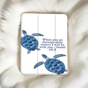 This blue turtle and Bible verse design case features an adjustable stand and pencil holder, and is a foldable, non-slip TPU protective case suitable for Samsung, iPad mini, iPad Air, iPad Pro/iPad 10th and 11th generation iPads.