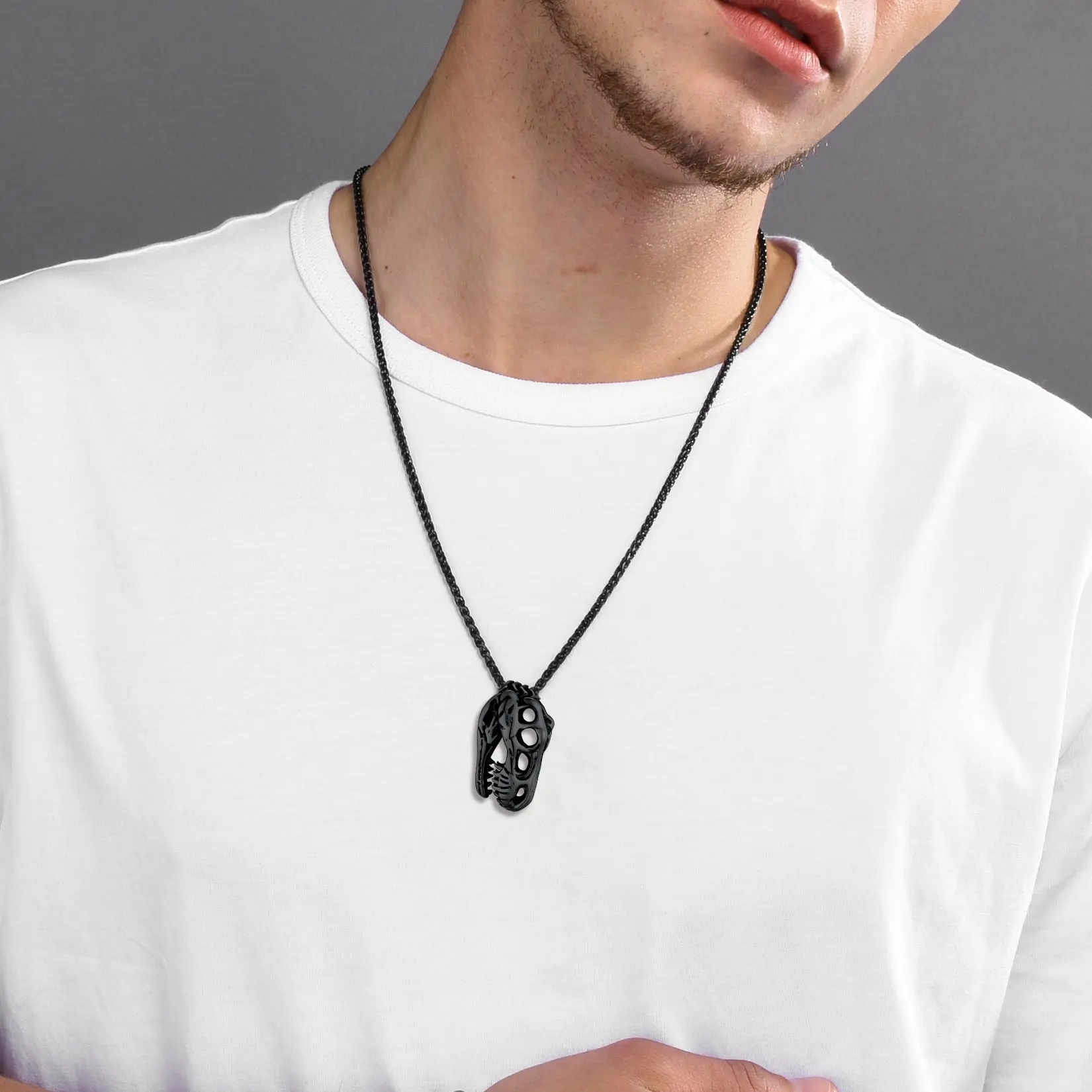 FaithHeart Punk Rock Stainless Steel Necklaces Alligator Dinosaur Skeleton