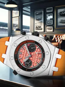 Men's Fashionable Orange Silicone Strap Analog Quartz Watch, Casual Trendy Round Dial Wristwatch, Fashionable Watch for Daily & Business Decoration As Gift with Box, Modern Trendy Watch