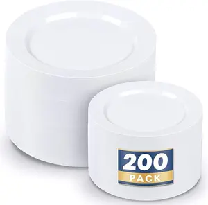 F 200pcs White Plastic Plates Disposable - Heavy Duty Plastic Plates for Party
