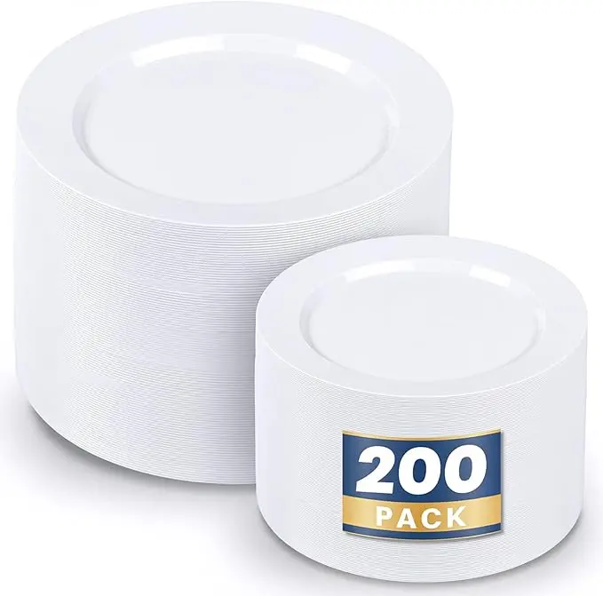 F 200pcs White Plastic Plates Disposable - Heavy Duty Plastic Plates for Party