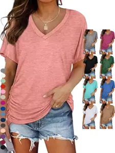 2026 Womens Short Sleeve V Neck Dolman Tops with Side Shirring Loose Fit Shirts SpringStatements Womenswear