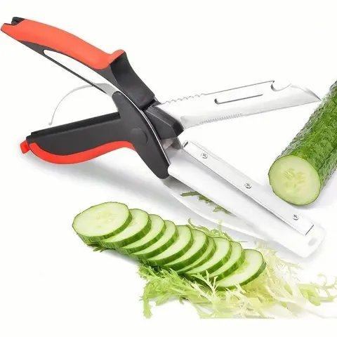 2-in-1 Durable Ergonomic Stainless Steel Blade Vegetable Scissors - Kitchen Cutting Utensils with Built-in Board, Anti-Slip Handle, Safety Lock Storage, Cleaner, Quick Slicer for Home Kitchen Meal Prep, Camping, Pan/Bowl Use, Meat & Herbs