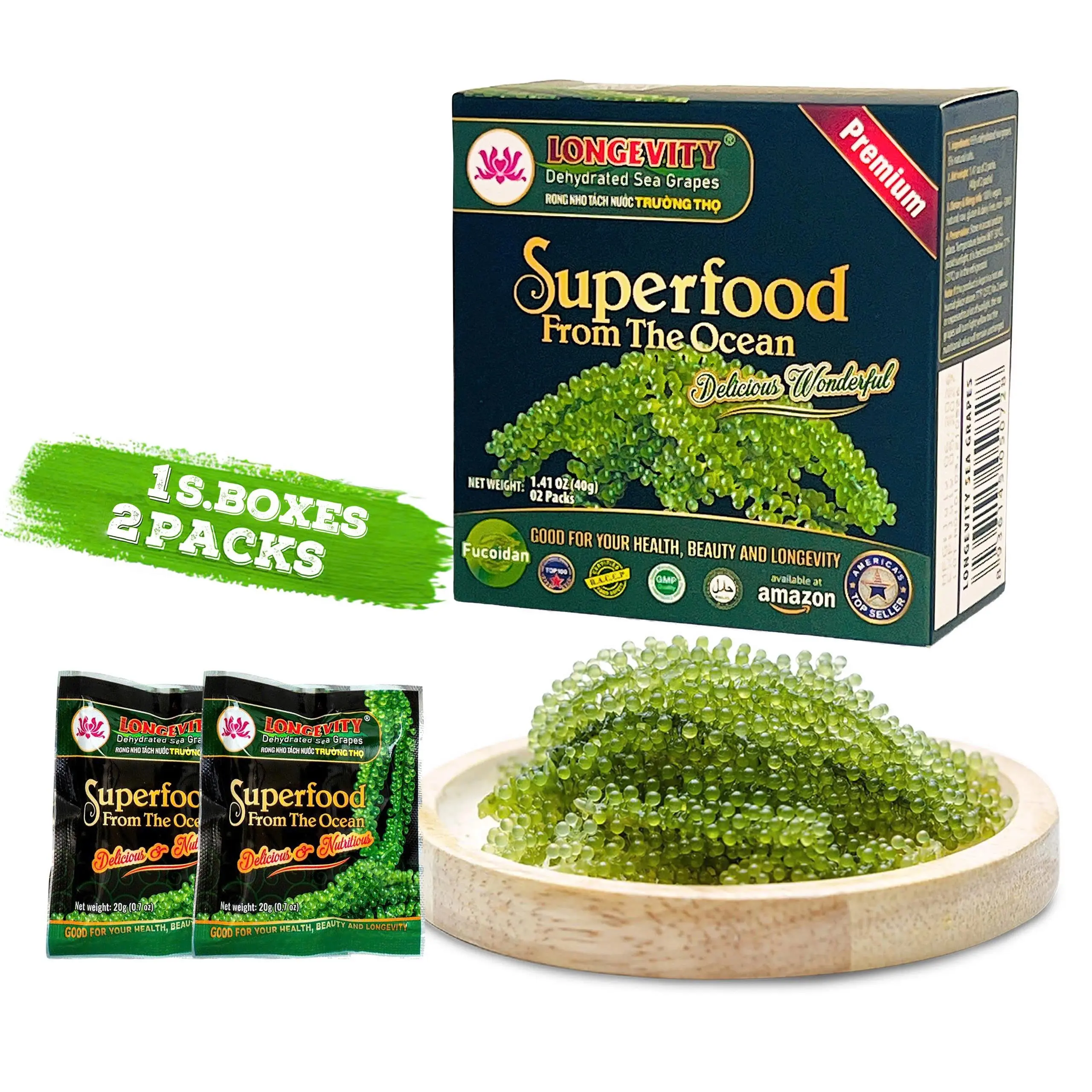 Longevity Dehydrated Sea Grapes 2 Packs of 1.41 oz Green Caviar Umibudo Latok Seaweed Organic Premium Quality Crunchy Flavor Superfood From The Ocean