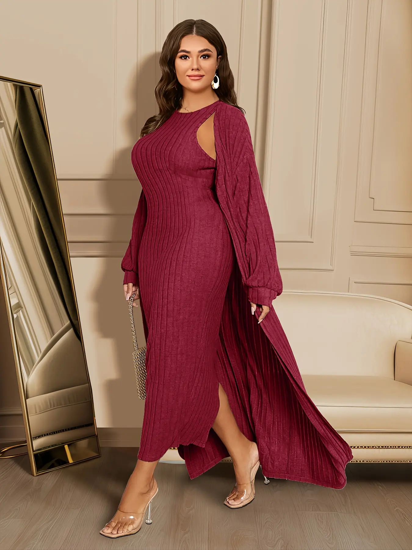Women's Elegant 2-Piece Dress Set - Ribbed Oversized Long Sleeve Button Cardigan and Crew Neck Sleeveless Dress, Elegance, Casual, Longsleeves, Lady, Basic, Fashion Apparel, Women's Clothes, 2 Pcs Set campingessentials, Chic Holiday, Loose-Fit, Ribbed Kni
