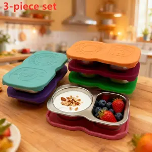 3 Pack 304 Stainless Steel Dual Compartment Snack and Sauce Containers with Silicone Sealing Lids, Leakproof Portable Reusable Small Condiment Cups for Salad Dressing, Dips, Nuts, Fruit, Ideal for Meal Prep, Kitchen Storage, Stackable Lunch Container