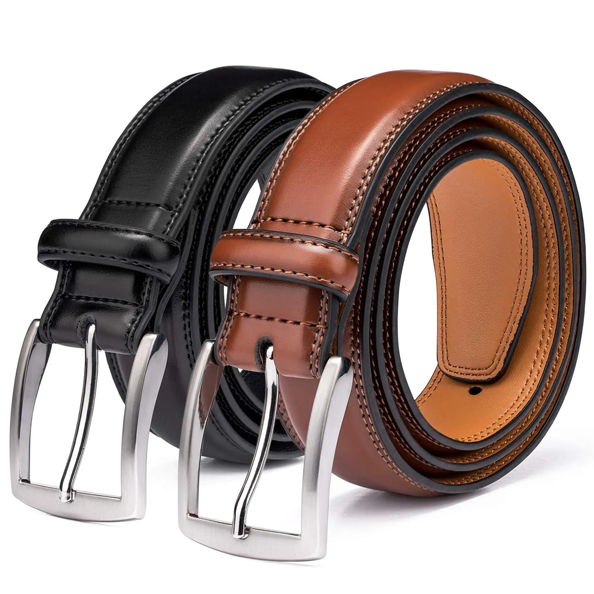 KM Legend Men’s 2 Pack Leather Dress Belts, Classic Fashion Belts Suitable for Work, Business and Daily Casual Outfits