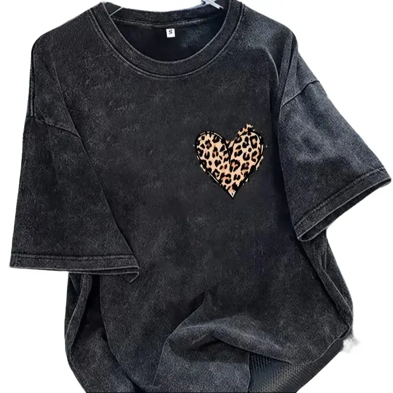 Leopard Print Heart Cotton Washed Sports Top, Drop Shoulder Tee with S-M-4XL Sizes for Party Wear, 5Xl