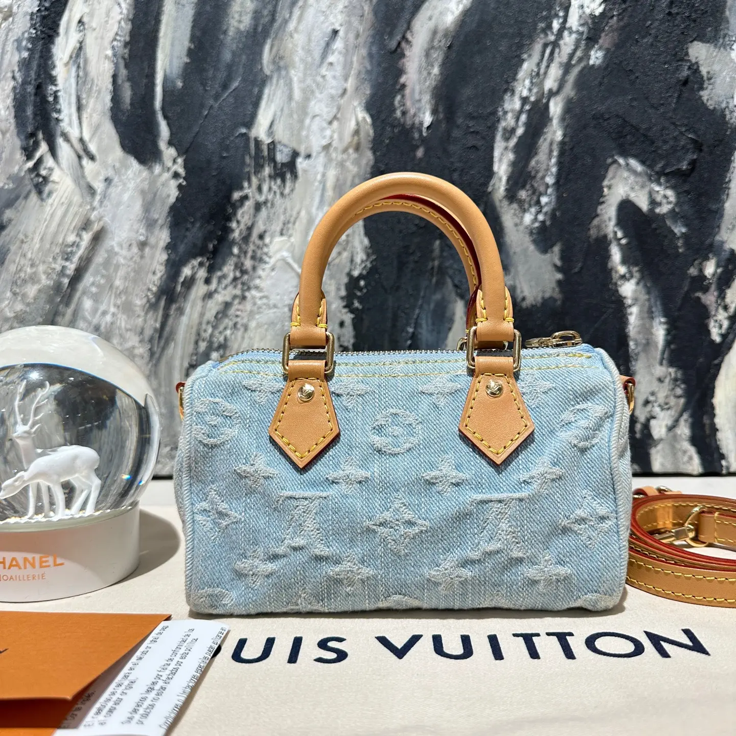 Pre-owned Louis Vuitton speedy nano Light Blue Denim with Tan Leather Handles and Gold Hardware