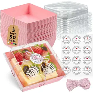50 Pack Small Clear  Boxes - Dessert Boxes To Go - 5Inch Disposable Paper Mini Containers for Cookie, Cake Slice, Charcuterie, Bakery, Pastry, Strawberry, Baked Goods Packaging ()