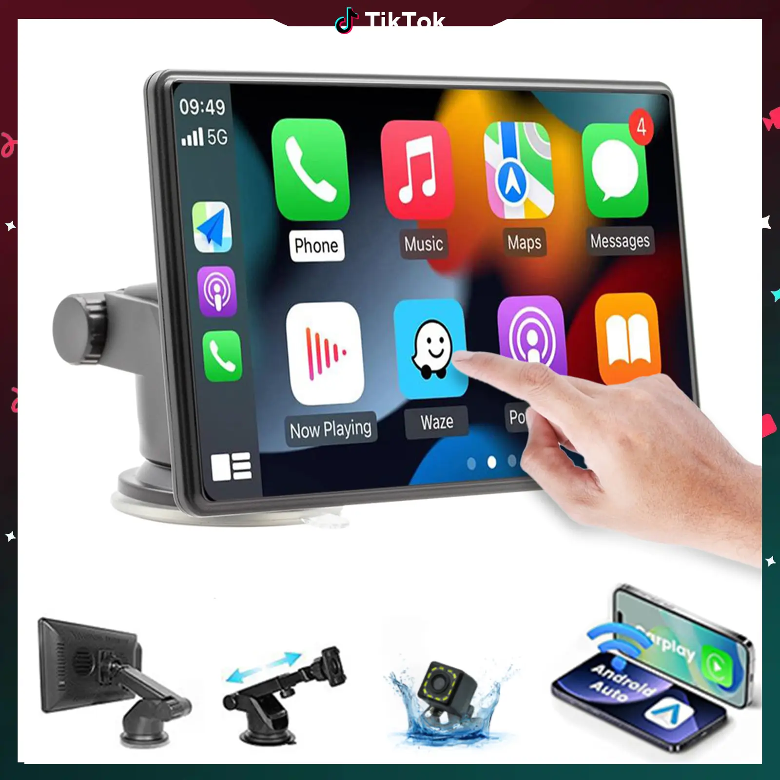 QPJ 2025 Upgraded Wireless Carplay with Suction Cup Bracket, Rear Camera, Suitable for All GM Cars