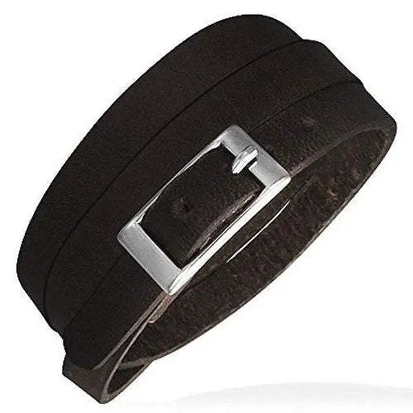 Multi-Layer Wrap Bangle, Black Leather Bracelet with an Adjustable Silver-Tone Alloy Belt Buckle Secure Lock, 24in, Stainless Steel, Trendy, Dimensions, 0.35In, Gift Ideas, Unisex Wear, Wrap Layered, 24.00In, Fashion, Casual, Wrap Bracelet