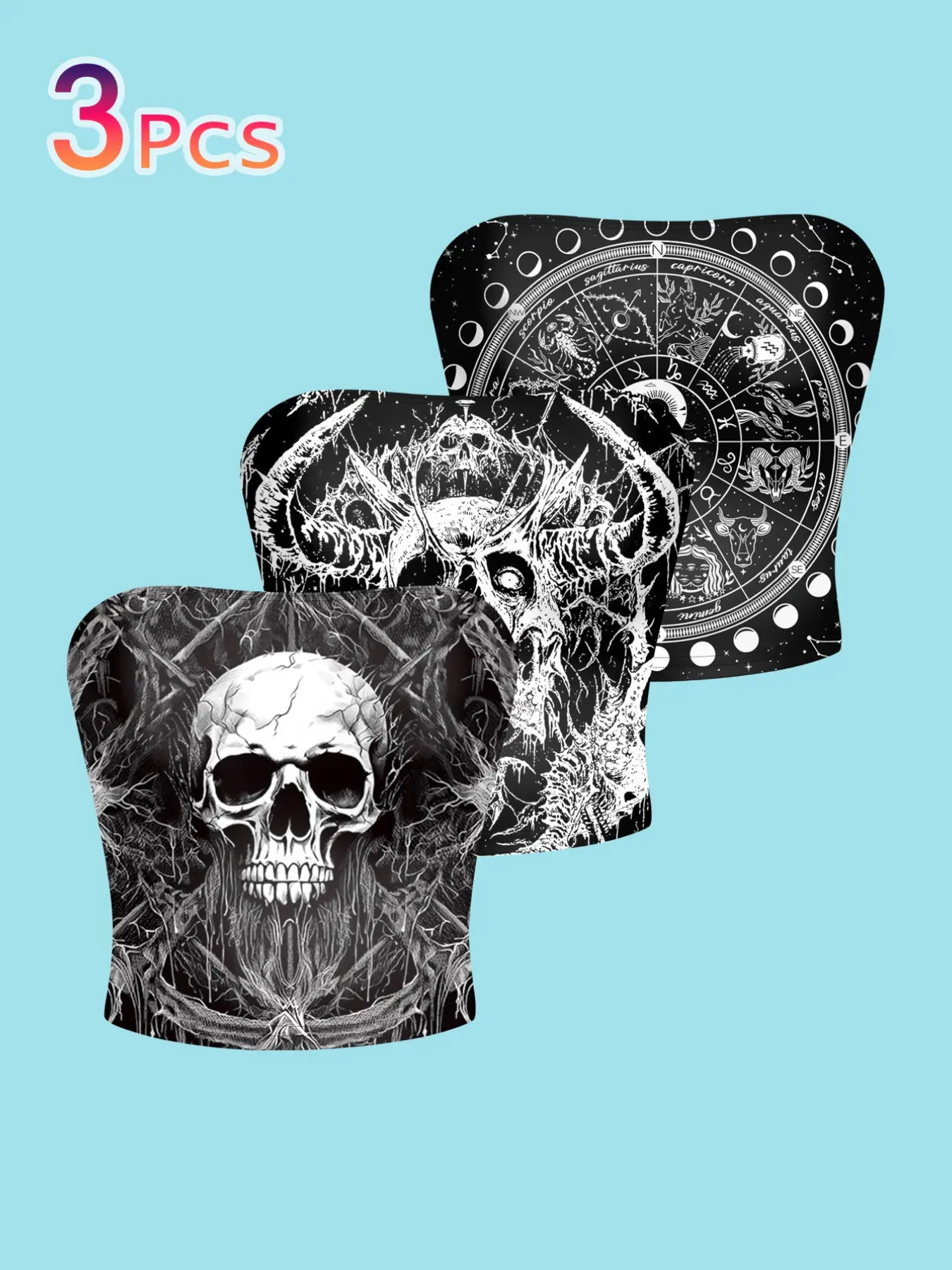 3-Pack Gothic Skull Devil Print Tube Top, Slim-Fitting Short Sleeve Backless Vest, Halloween Party Stage Wear Cosplay Costumes, All-Season Casual Clothing
