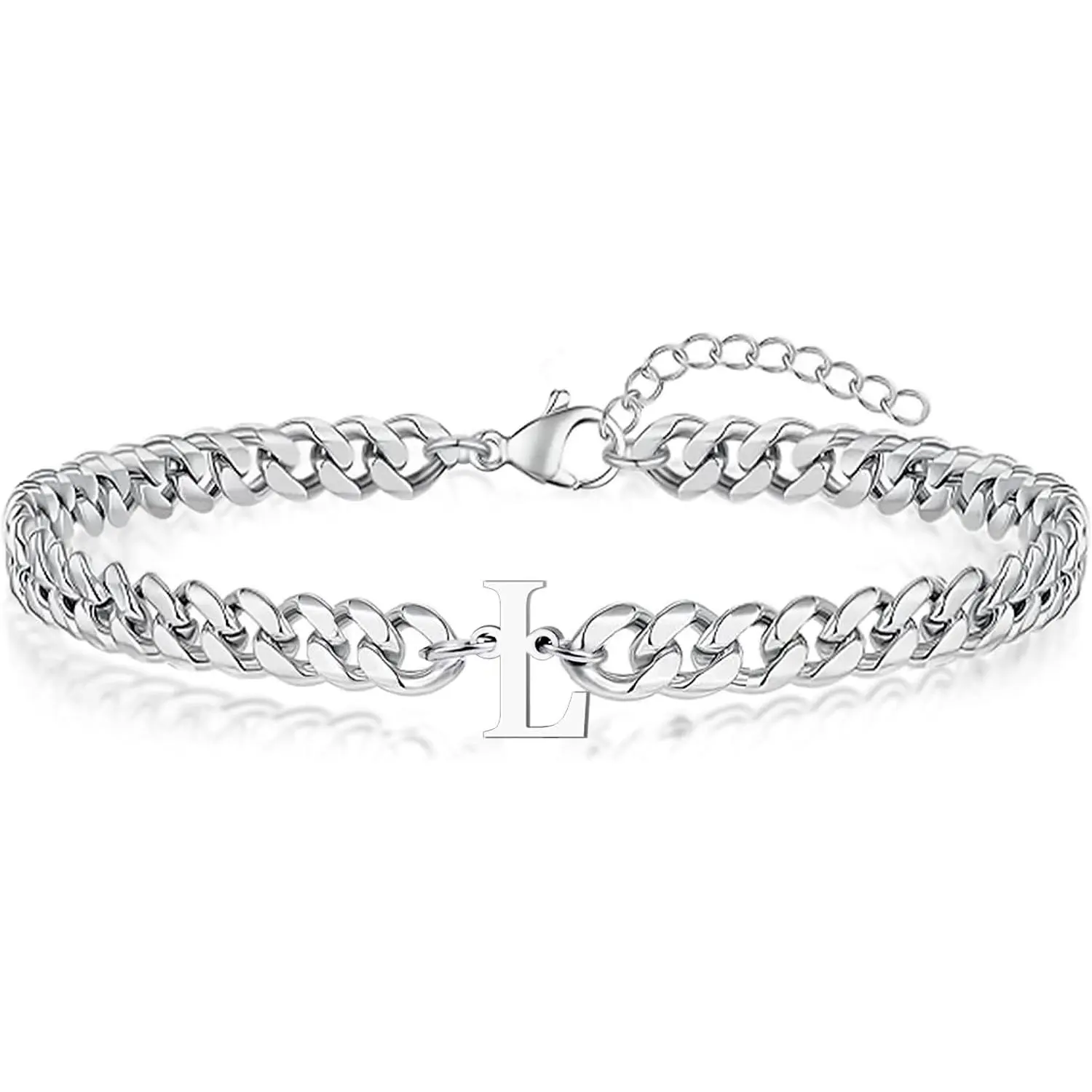 Valentines Day Gifts for Him Boyfriend Mens Initial Bracelet Matching Couple Bracelets, Silver Chain Letter A-Z Stainless Steel Cuban Link Bracelets, Birthday Gifts Men Women Teens Friends