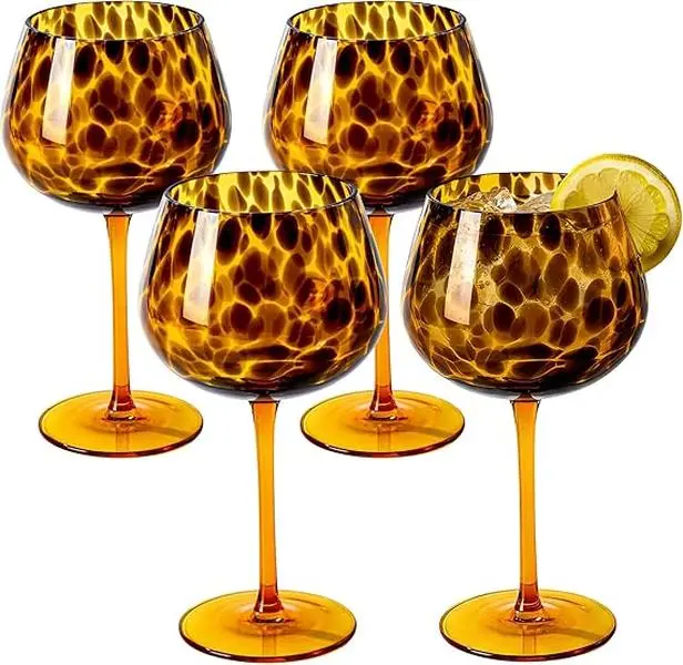physkoa  Tortoise Shell Wine Glasses Set of 4, Brown Wine Glasses, Tortoiseshell Decorative Tumbler Cups for Wine & Drinks， Stemless Drinking Glasses for Wedding Gifts, Housewarming, Cocktail Party
