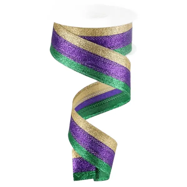 1.5"X10yd 3-In-1 Shimmer Glitter/Stripe Color: Gold/Purple/Emerald