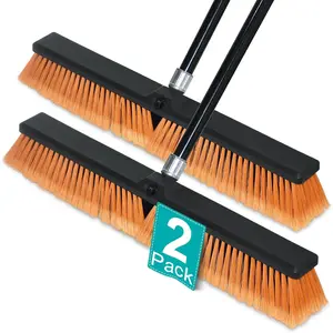 24 Inchs Push Broom Outdoor Heavy Duty, Broom with 60" Long Handle for Cleaning Outdoor or Indoor Tile, Garage, Deck, Concrete, Wood, Stone, Patio Floor, 2 Pack