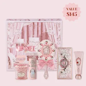 Flower Knows Pink Sweetheart Set - Full Face Makeup Set with Lipstick, Blush, Eyeshadow Palette and Cosmetic Tools, Summer Beauty Gift Box