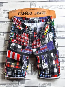 Men's Vintage Patchwork Plaid Shorts, Grid Pattern Denim Shorts, Summer Style Tropical Casual Pants, Fashionable Men's Clothing, Menswear
