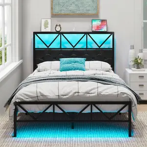 Modern Bed Frame with Charging Station & LED Lights - White Upholstered Headboard with Storage Shelves, Heavy-Duty Metal Slats, No Box Spring Needed, Noise-Free, Easy Assembly (White, Full)