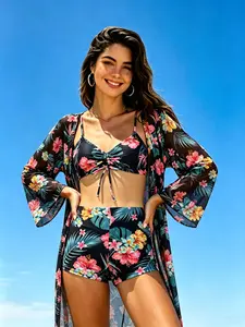 New Women's Two-Piece Swimsuit Set, Fashionable Print Halter Top & High-Waisted Briefs, Comfortable Beachwear for Summer, Floral Print Bikini, Flower Print Bikini
