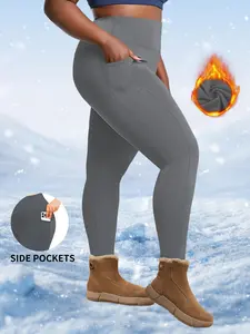 Plus Plain Dual Pocket High Waist Wide Waistband Warm Leggings, Casual Comfort High Stretch Skinny Pants for Daily Wear, Belly Tightening Fitness Workout Suit