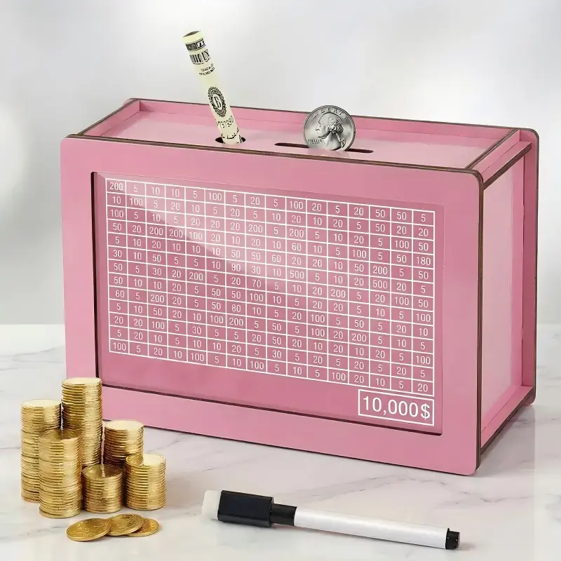 Wooden Traditional Piggy Bank - Money Storage Jar, Saving Challenge Box with Integrated Counter Track, Secure Container, Pen, 1-Count Home Decor Supply, Gift-Ready for Kids