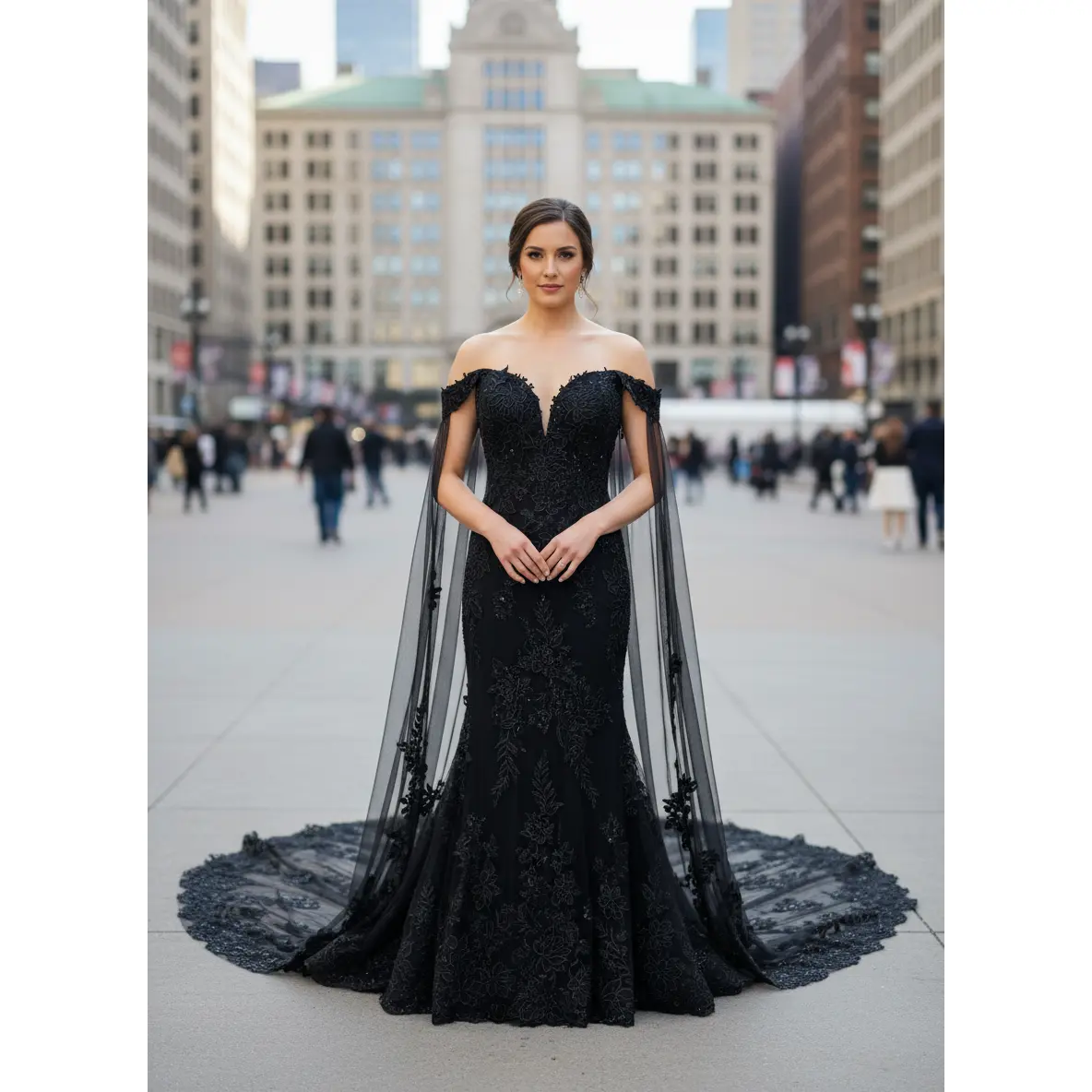 Harmony Custom Black Wedding Dress with Cape Veil , Custom Black Wedding Dress with Illusion Train bodice, Black Dress Designer
