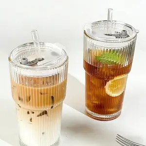 18oz (540ml) Ribbed Glass Tumbler, Clear Reusable Drinking Cup for Daily Beverages