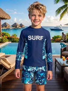 Boys 2-Piece Geometric Shark Print Swim Set, Long Sleeve Rash Guard with Quick Dry Trunks, Navy "Surf" UPF 50+ Beachwear, Kids Pool & Surf Outfit, Age 3-12