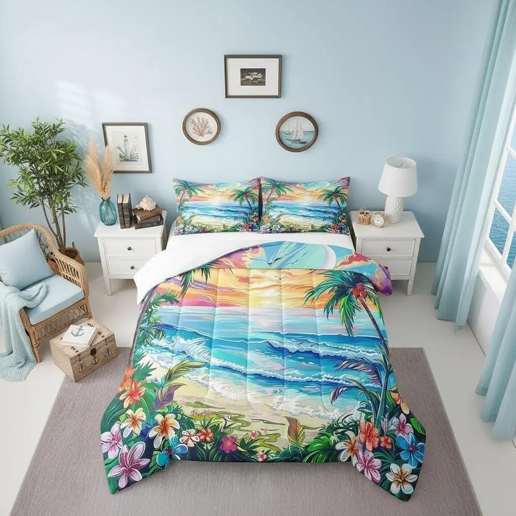 Feelyou Hawaii Summer Nature-Inspired Ocean Mixed Color Floral Multi-Color Duvet Set, Seaside Tropical Flowers Coconut Palm Trees Bedding, Watercolor Sunset Sky Print Down Comforter for Kids, Orange Blue Green, Mixed Color Floral Duvets & Sets, Multi-Colo