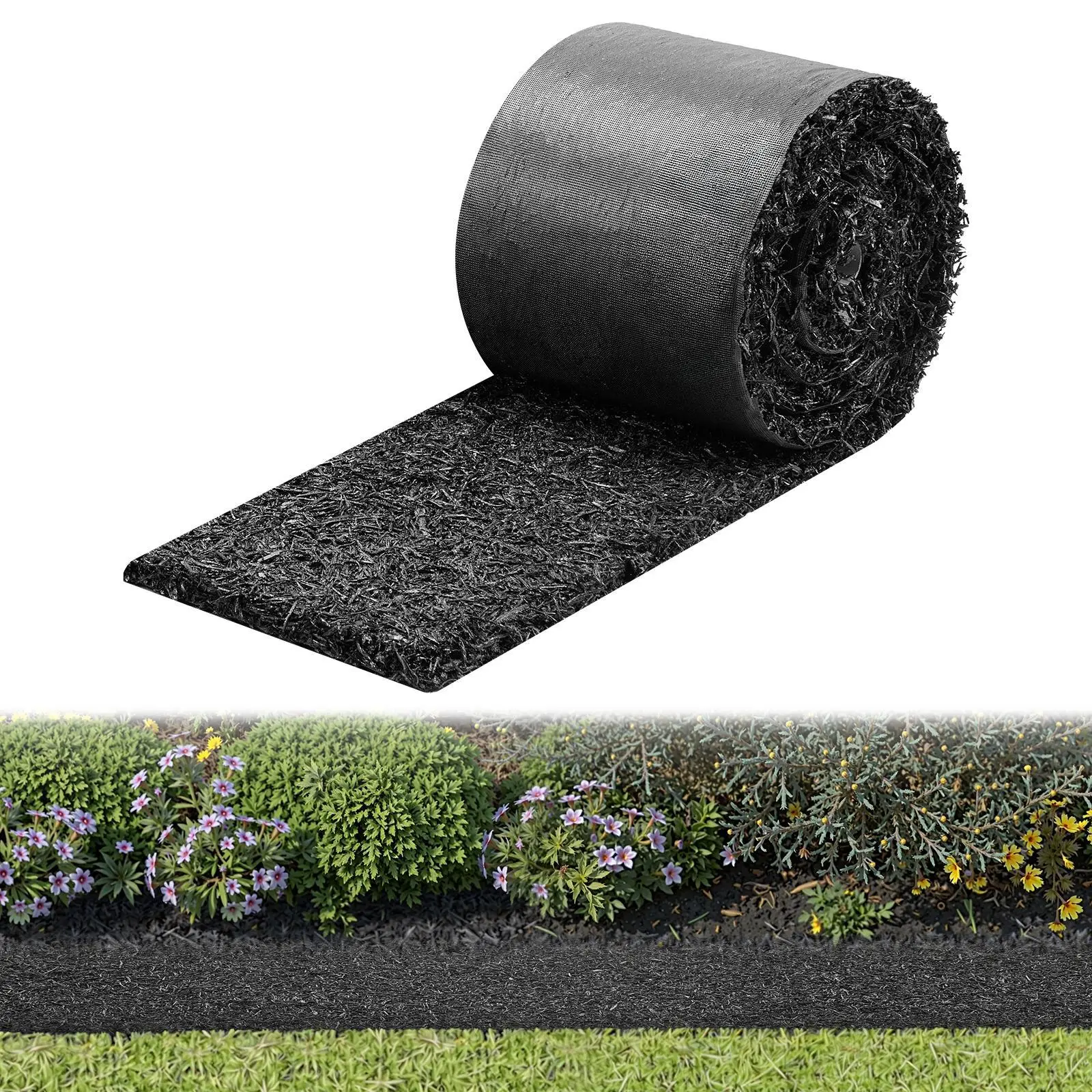 【SummerFinds】VEVOR 1-Pack Recycled Rubber Mulch Mat Roll, 140x4.5in (3560x140mm), 0.5in Thick Cuttable Edge, 100% Recycled Rubber Fiber, Weed-Blocking Breathable Outdoor Flower Barrier with Stakes, Landscaping Drainage Aid