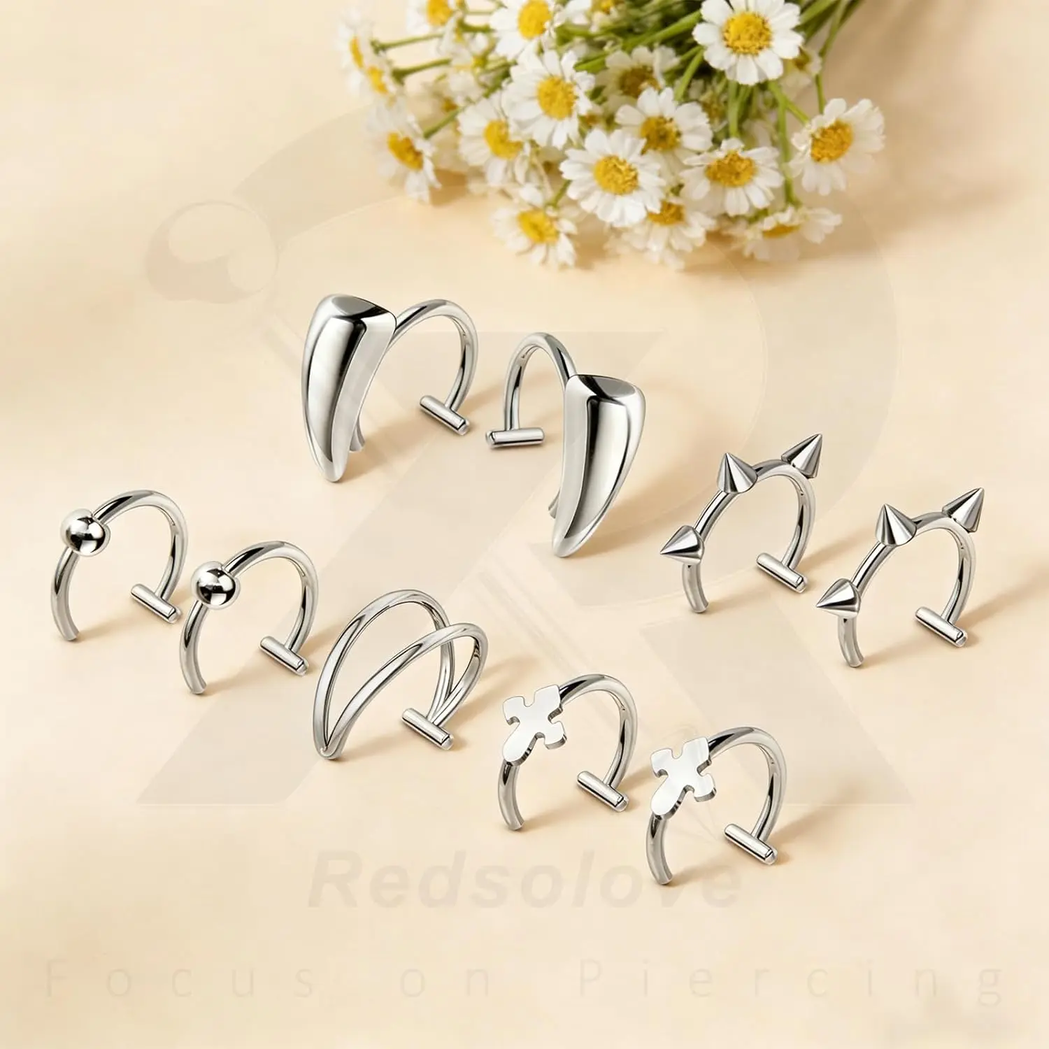 Stainless Steel Fake Lip Ring Non-Piercing Lip Cuff Vampire Teeth Rings Fake Labret Piercing Kits Adjustable Ear Cuff Earrings Faux Jewelry for Women Men