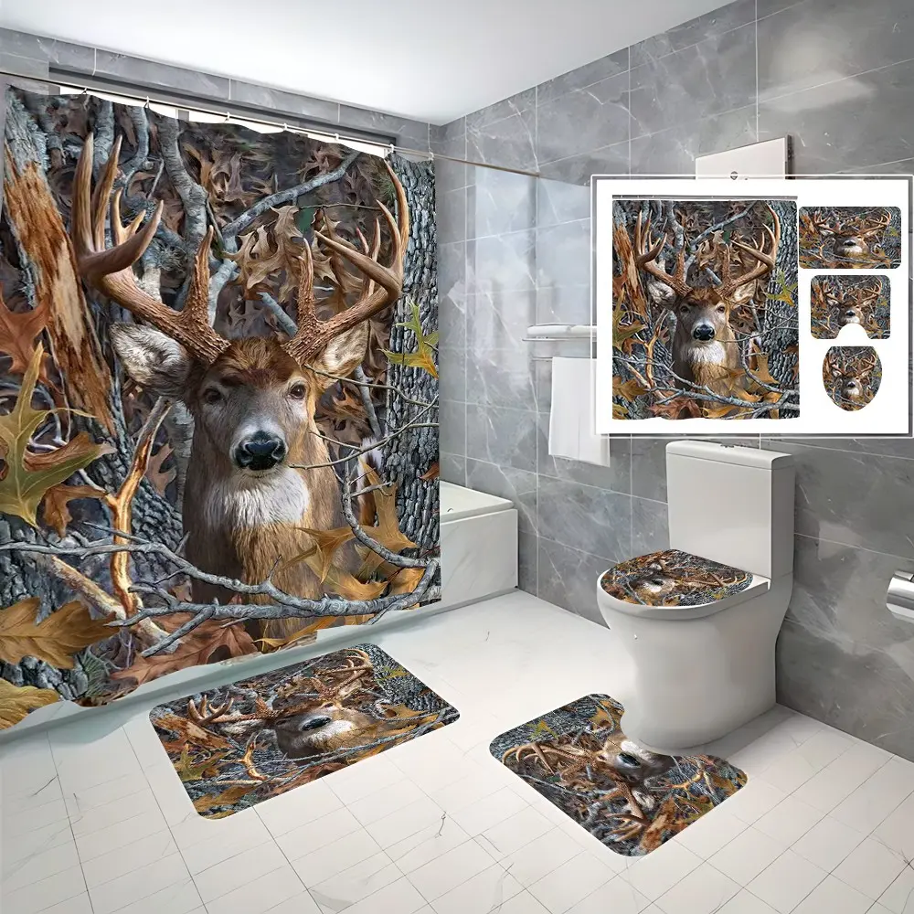 4 Pcs Camo Deer Buck Bathroom Curtain Sets with 12 Hooks,Hunting Cabin Deer Large Waterproof Thickened Mildew Proof Bathroom Partition Curtain,Bathroom Shower Curtain,Toilet Lid Cover,Non-Slip Bathroom Rugs and U Shape Bath Mat,Modern Decor
