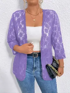Plus Size Women's V Neck Lace Lightweight Breathable Cardigan, American Casual Style, Floral Cutout Design, Loose-Fitting, All Seasons, Perfect for Dates
