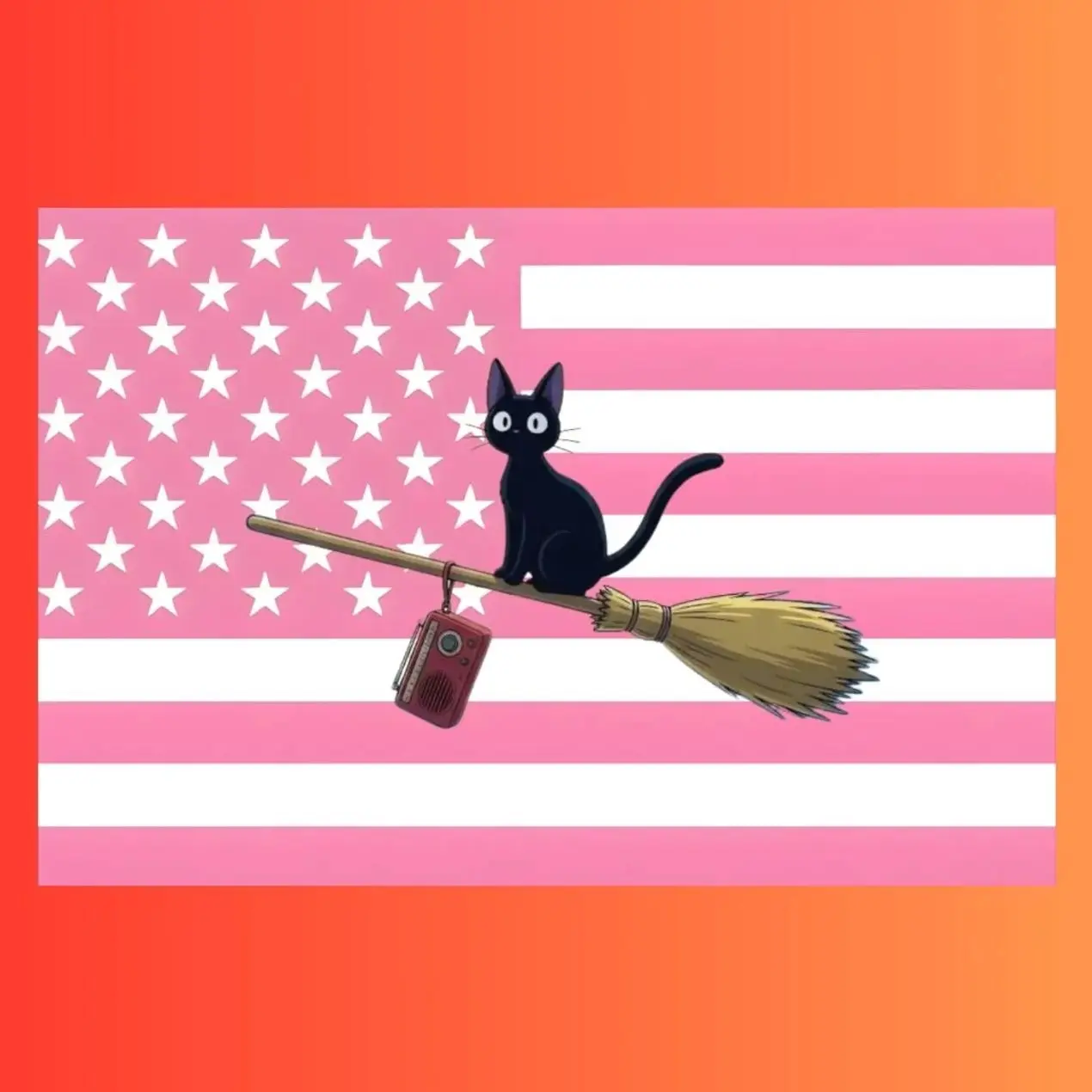Jiji Kiki's Delivery Service Pink American Flag Tapestry | Studio Ghibli Anime Wall Art | Black Cat Flag | Dorm Decor | Gift