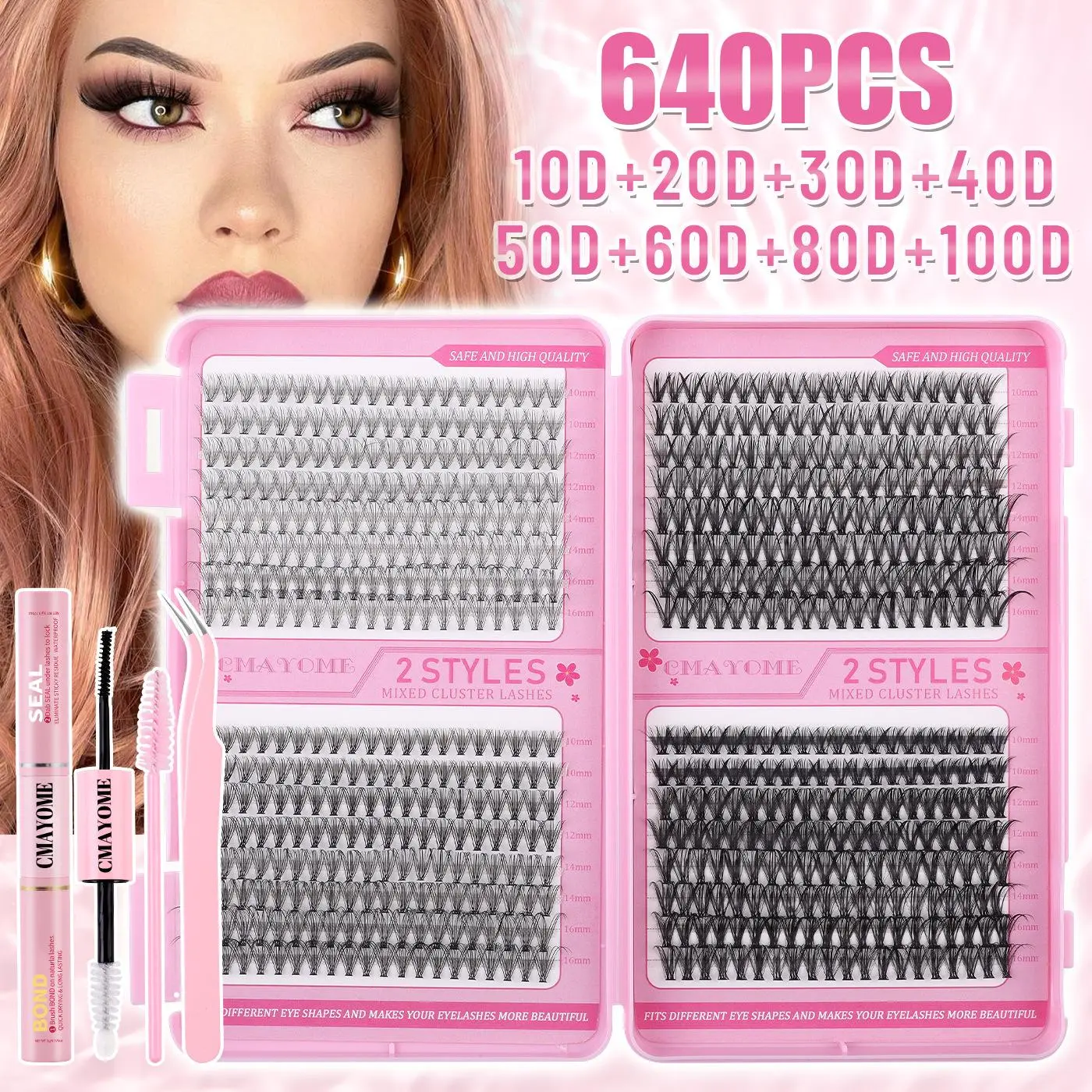 640 Mixed D Curl False Eyelashes Set with Adhesive & Glue, Reusable Dense Cluster Lashes for Natural Look, Festival & Thanksgiving Makeup, Eyelash Extension, Cosmetic